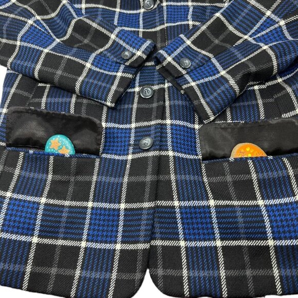 Y2K Rena Rowan Wool Tartan Plaid Button Blazer Size 18W Blue Black Shoulder Pads - Picture 15 of 16